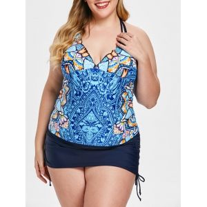 

Halter Neck Plus Size Tribal Printed Tankini Set, White