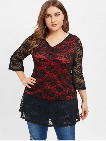 

Plus Size Lace Overlay Long Tunic Blouse, Black