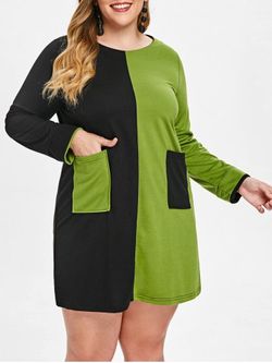 Plus Size Color Block Long Sleeve Mini Dress - GREEN APPLE - L