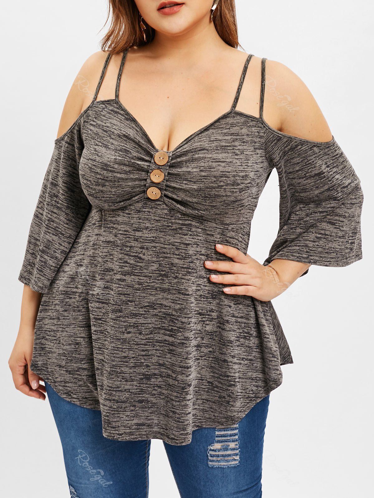 

Plus Size Straps Flare Sleeve Cold Shoulder T-shirt, Dark gray