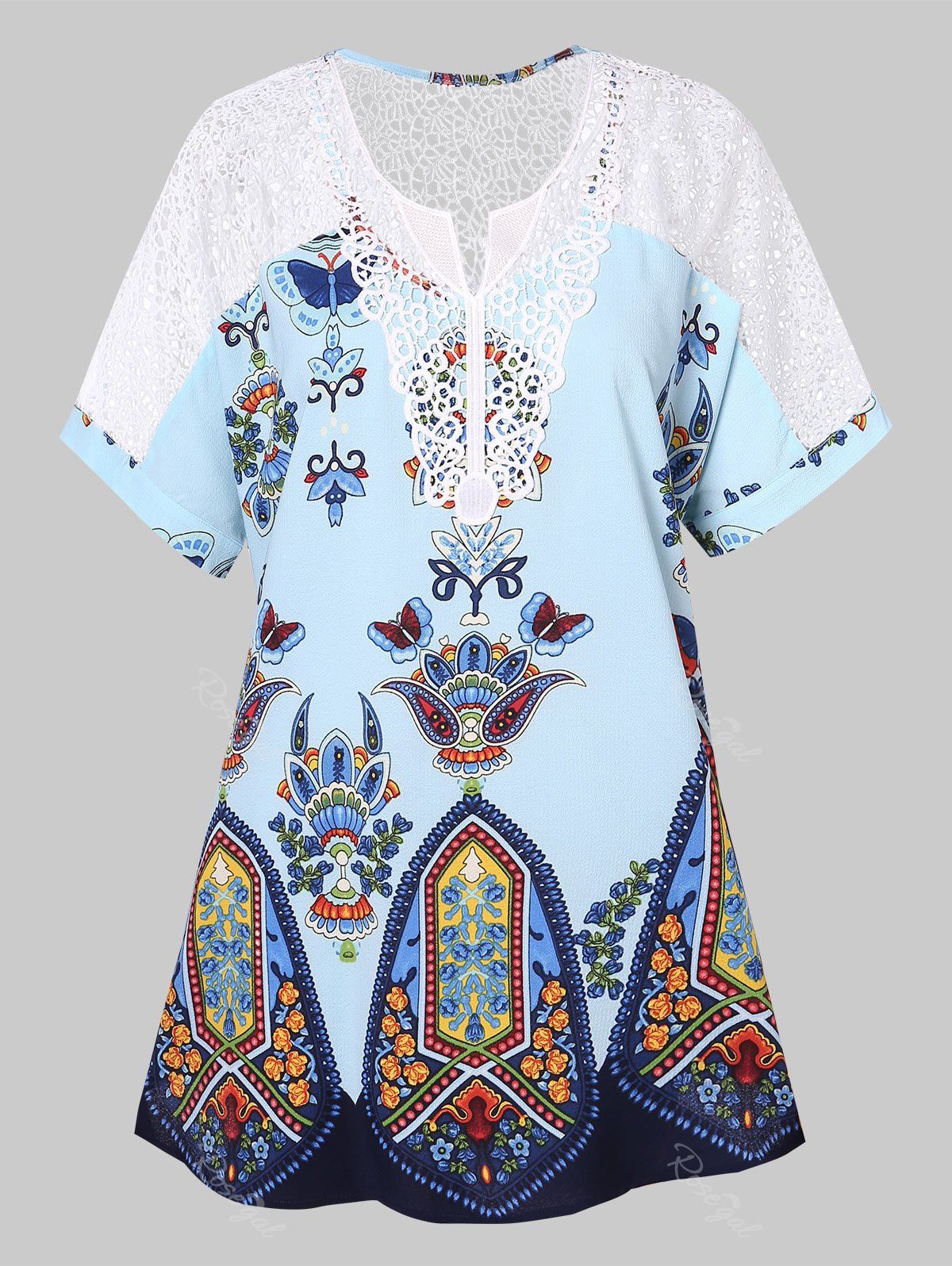 

Plus Size Lace Panel Ethnic Print Blouse, Multi