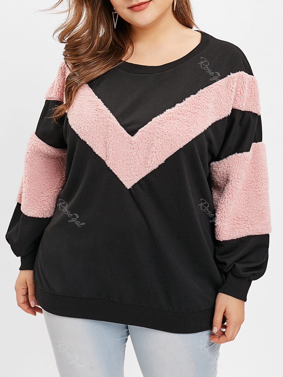 

Contrast Faux Fur Trim Plus Size Sweatshirt, Black