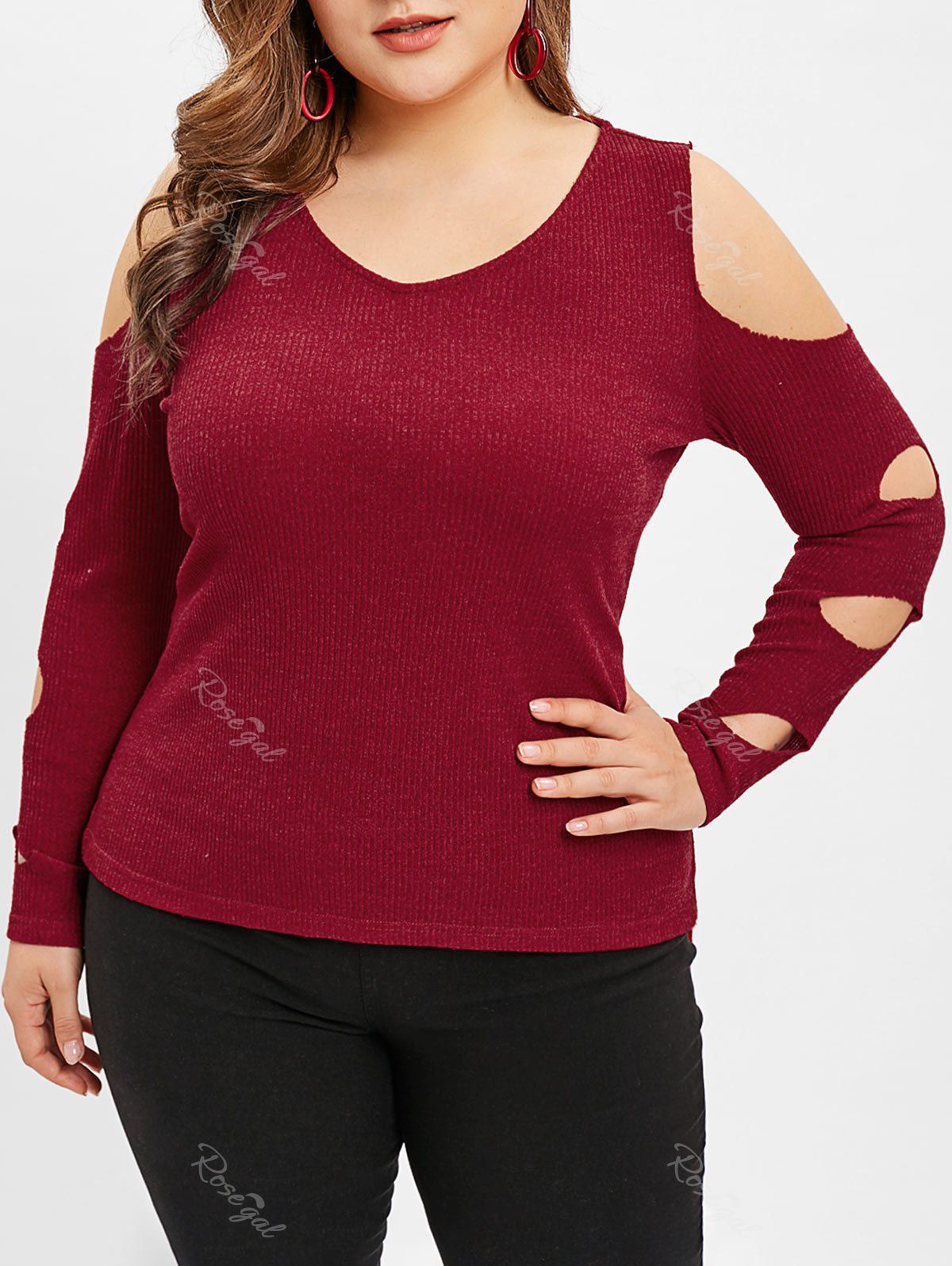 

Plus Size High Low Open Shoulder Knitwear, Red wine