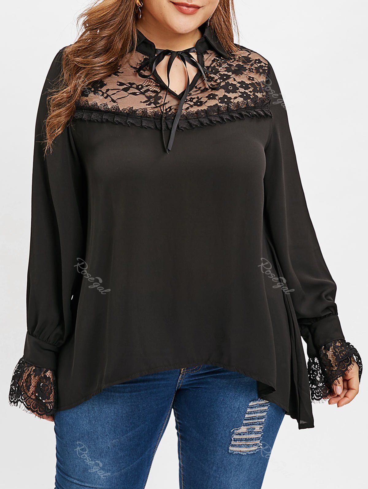

Plus Size V Neck Lace Spliced High Low Blouse, Black
