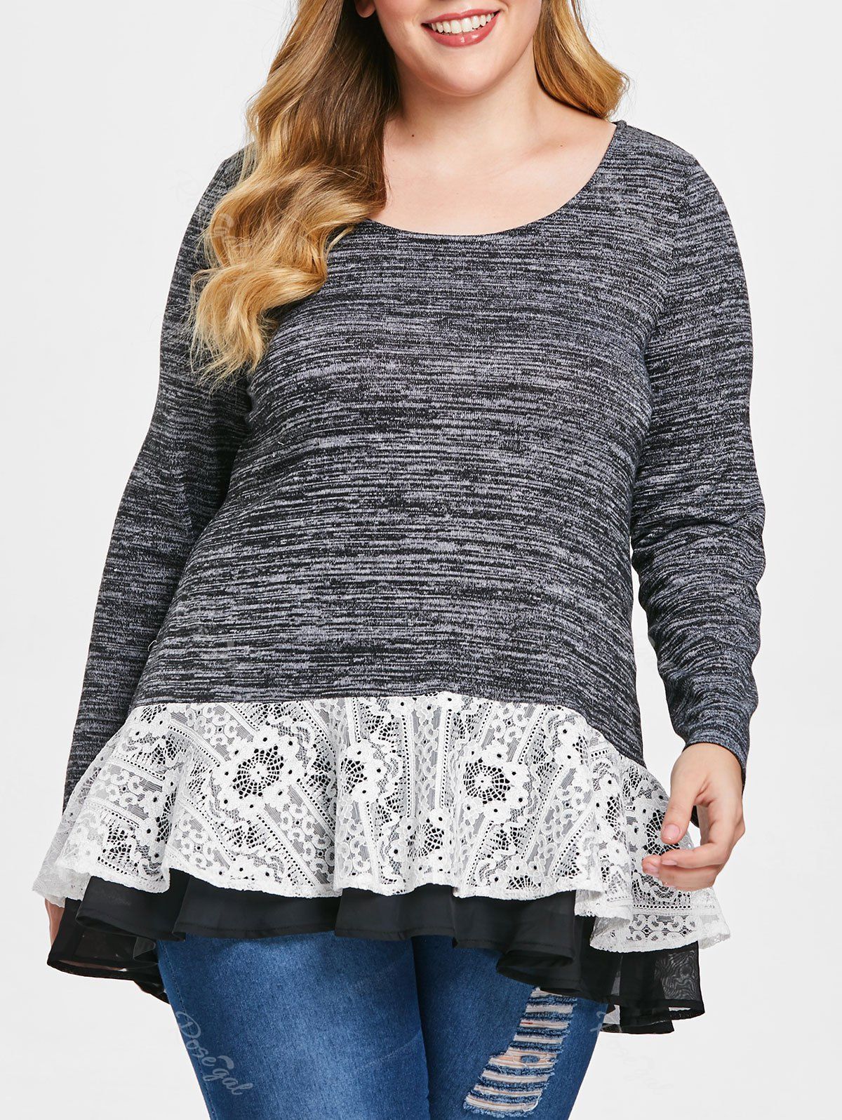 

Plus Size Layered Lace Hem Marled T-shirt, Dark gray