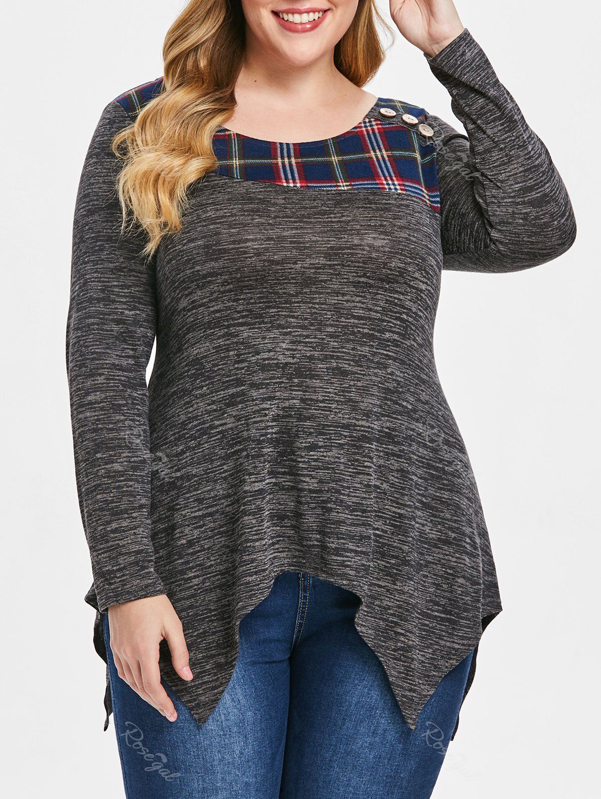 

Plus Size Buttoned Plaid Patchwork High Low T-shirt, Carbon gray
