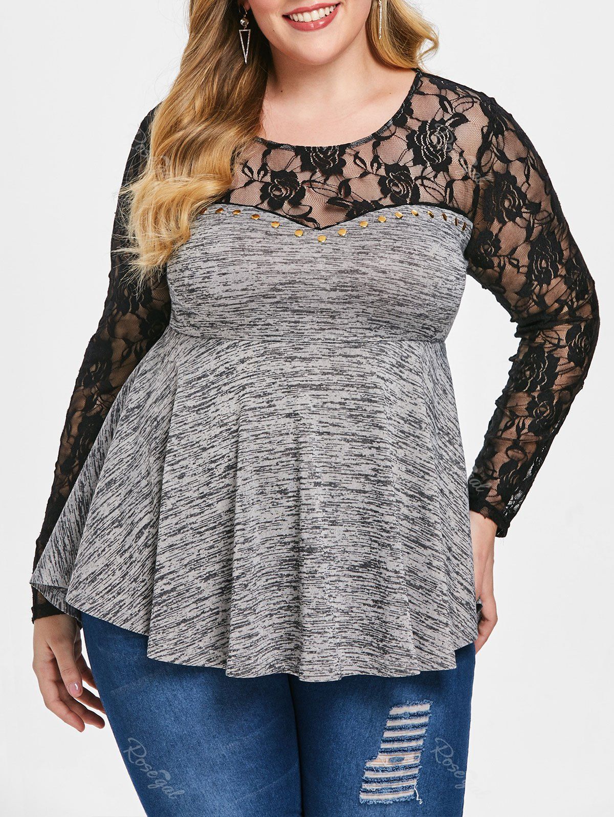 

Plus Size Floral Lace Panel Space Dye T-shirt, Gray cloud