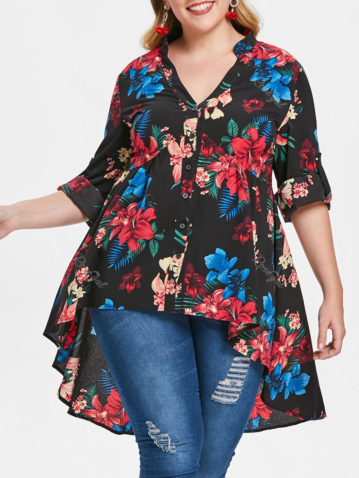 

Plus Size Flower Print Flare Blouse, Black