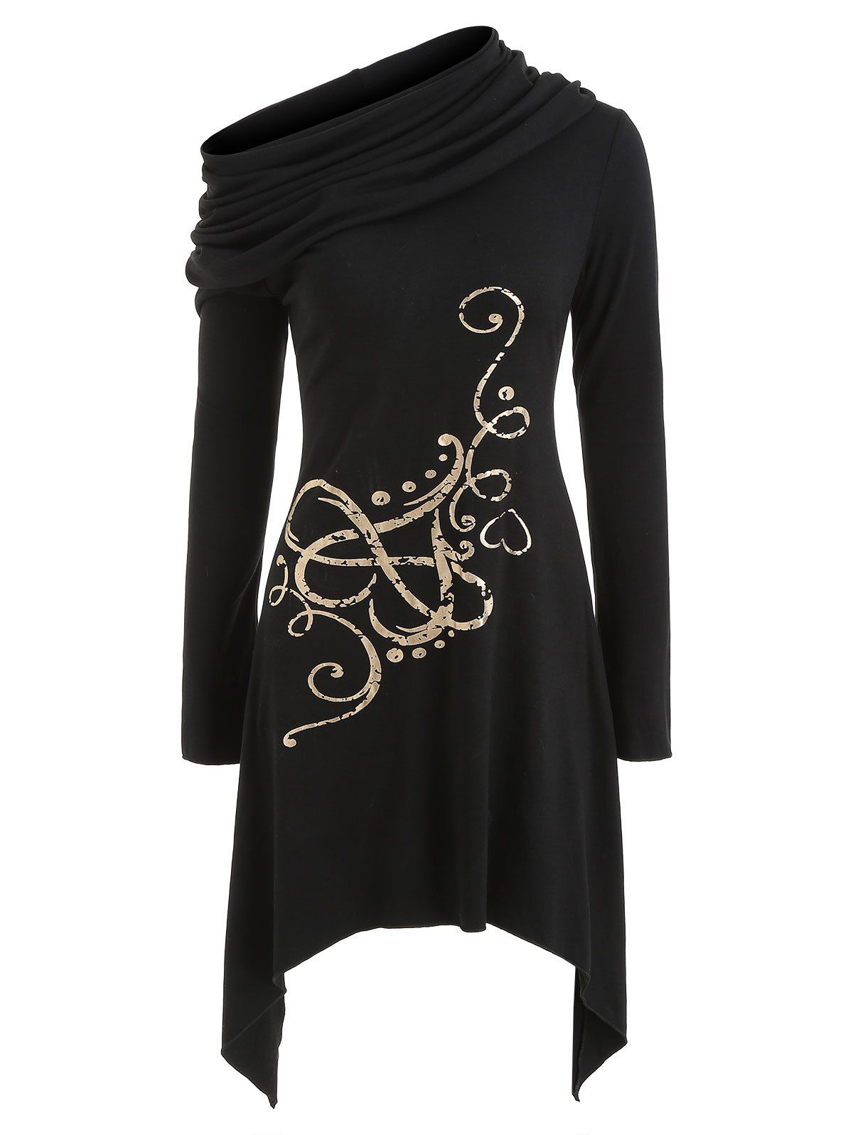 

Asymmetric Skew Neck Print Casual Dress, Black