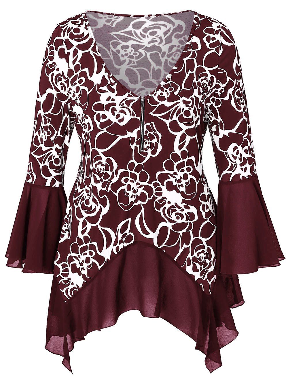

Plus Size Flower Print Half Zip High Low T-shirt, Red wine