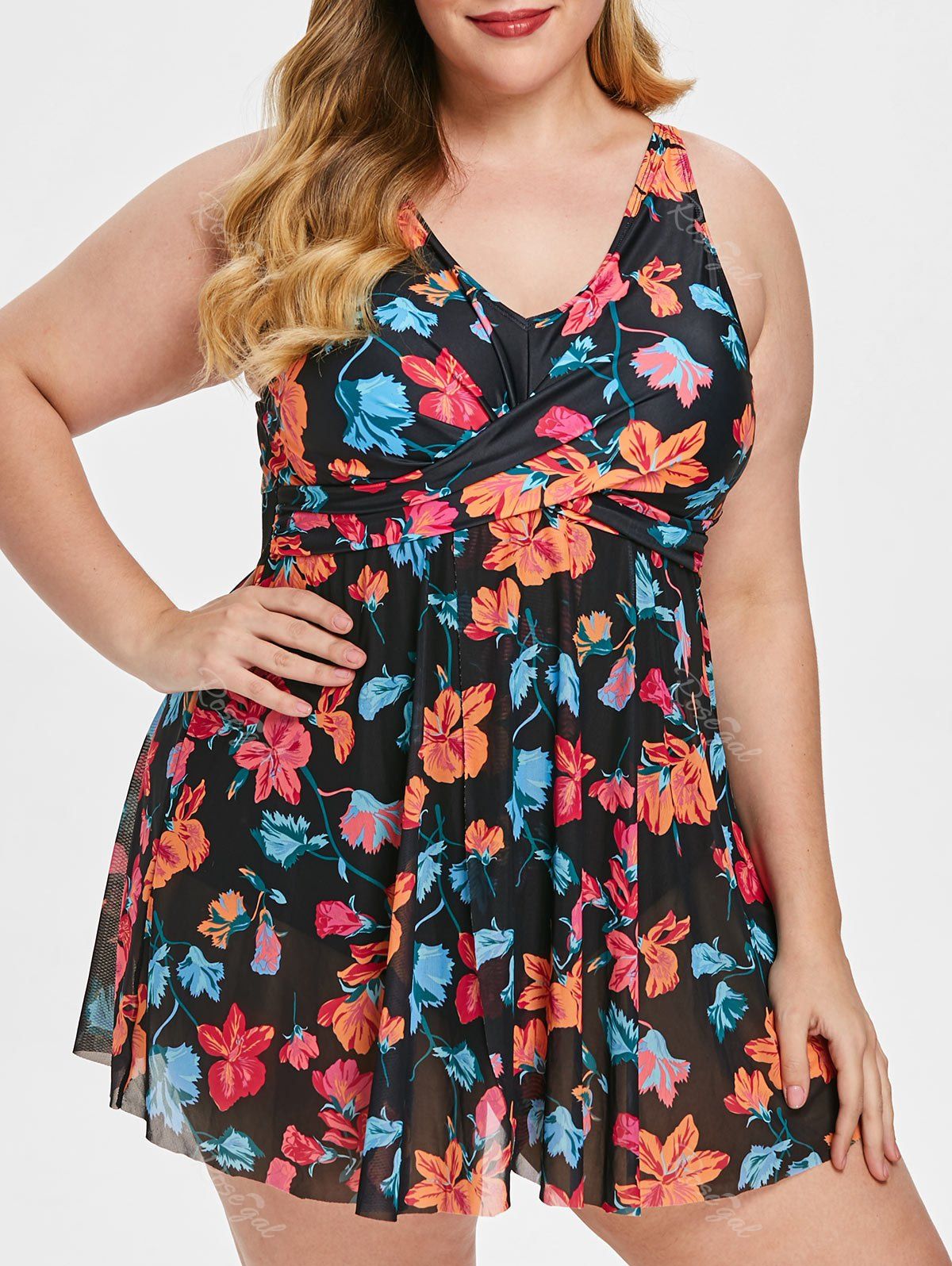 

Criss Cross Plus Size Floral Print Swimwear, Multi