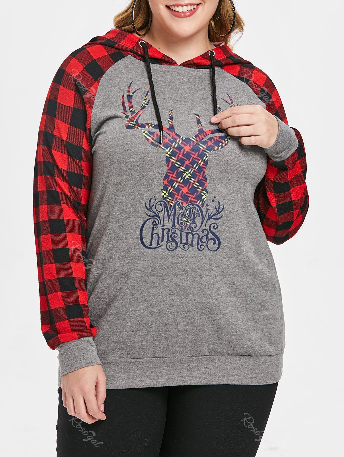 

Plus Size Plaid Sleeve Christmas Print Deer Drawstring Hoodie, Dark gray