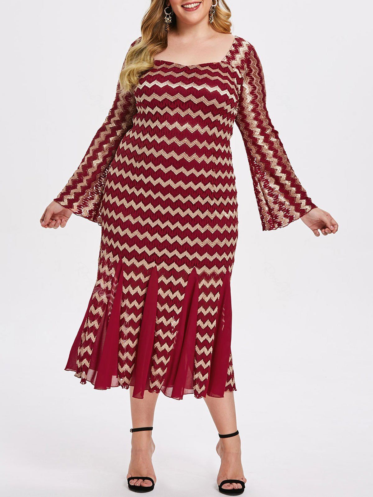 

Plus Size Zigzag Lace Mermaid Dress, Red wine