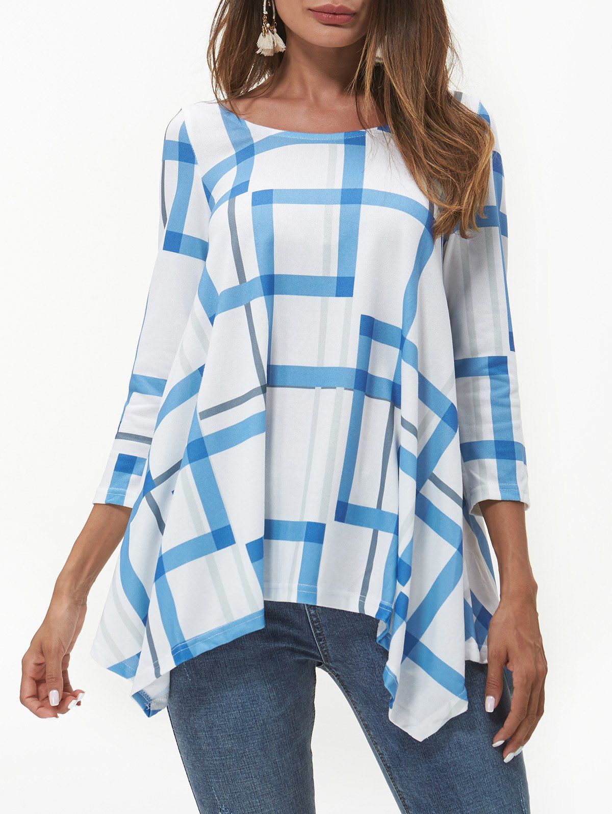 

Plaid Asymmetrical Tunic T Shirt, Light sky blue