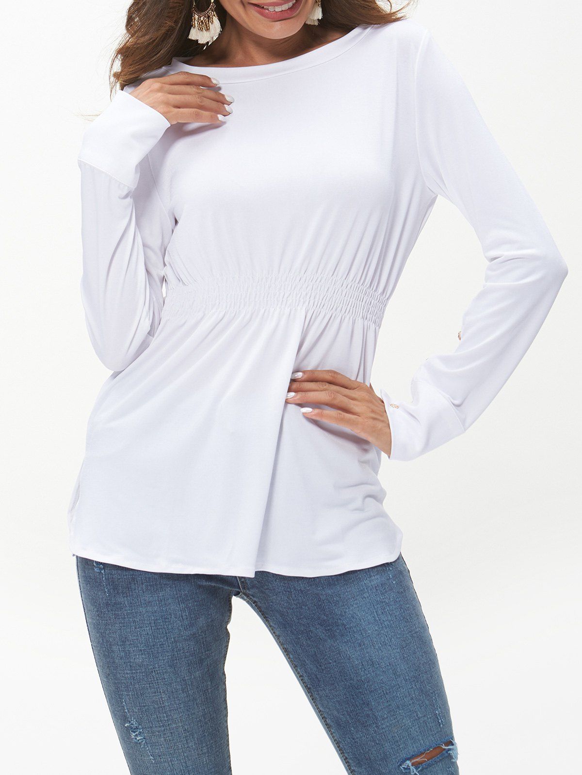 

Smocked Long Sleeve T Shirt, White