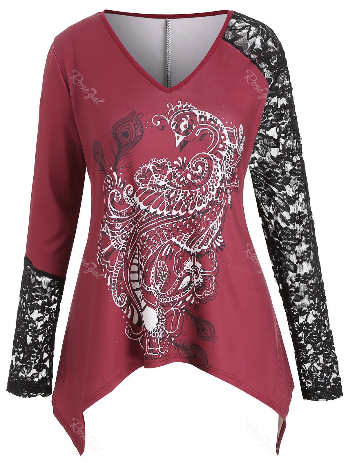 

V Neck Lace Panel Printed Plus Size Top, Red wine