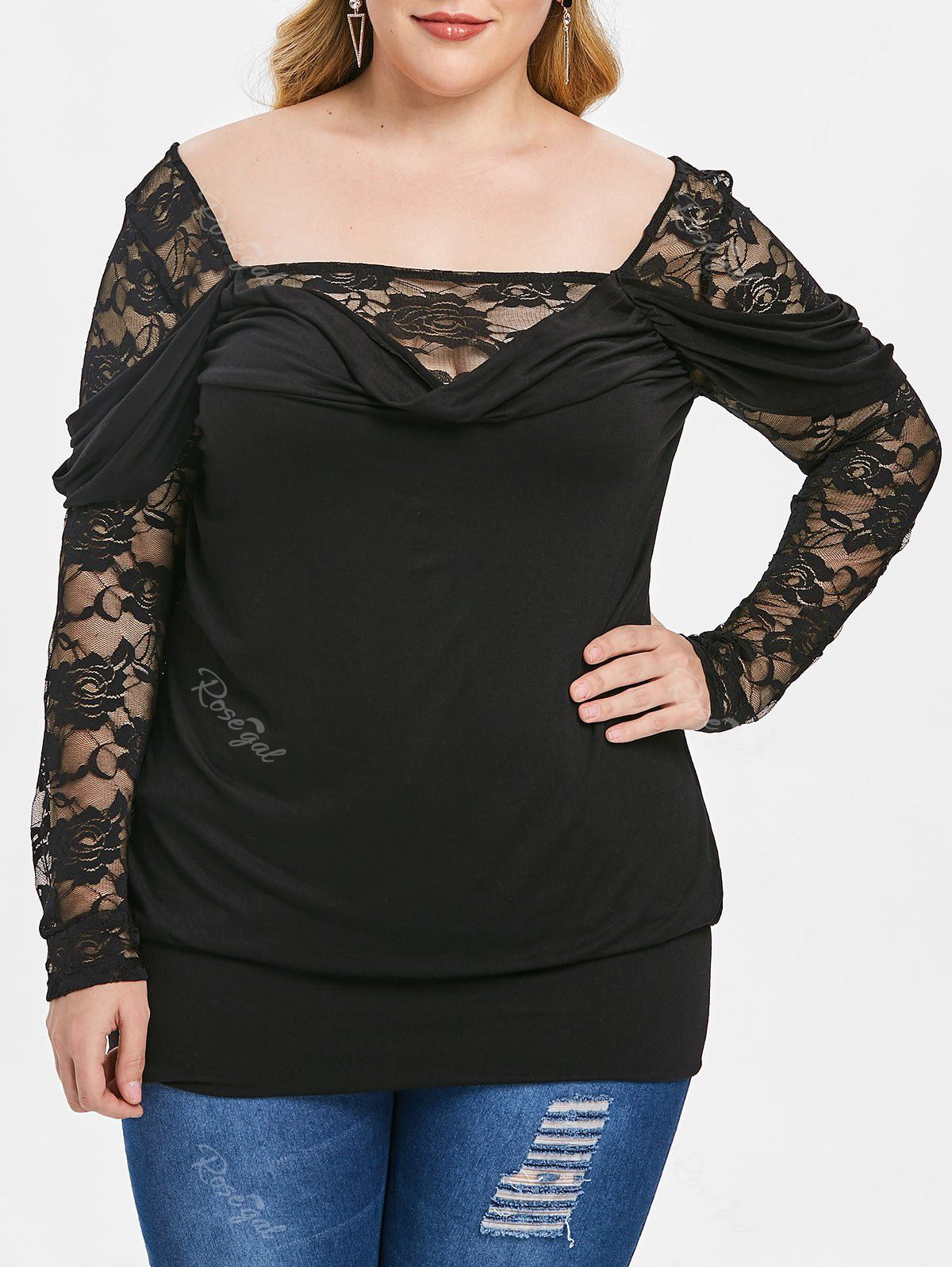 

Floral Lace Panel Long Sleeve Plus Size T-shirt, Black