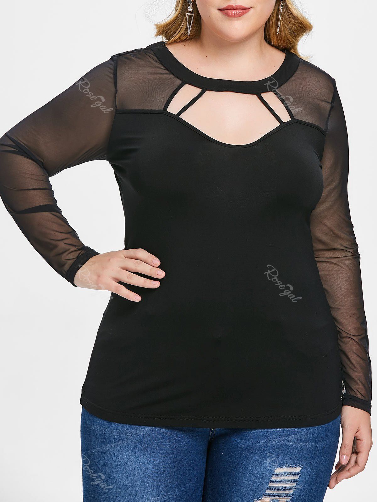 

Plus Size Cut Out Sheer Mesh Sleeve T-shirt, Black