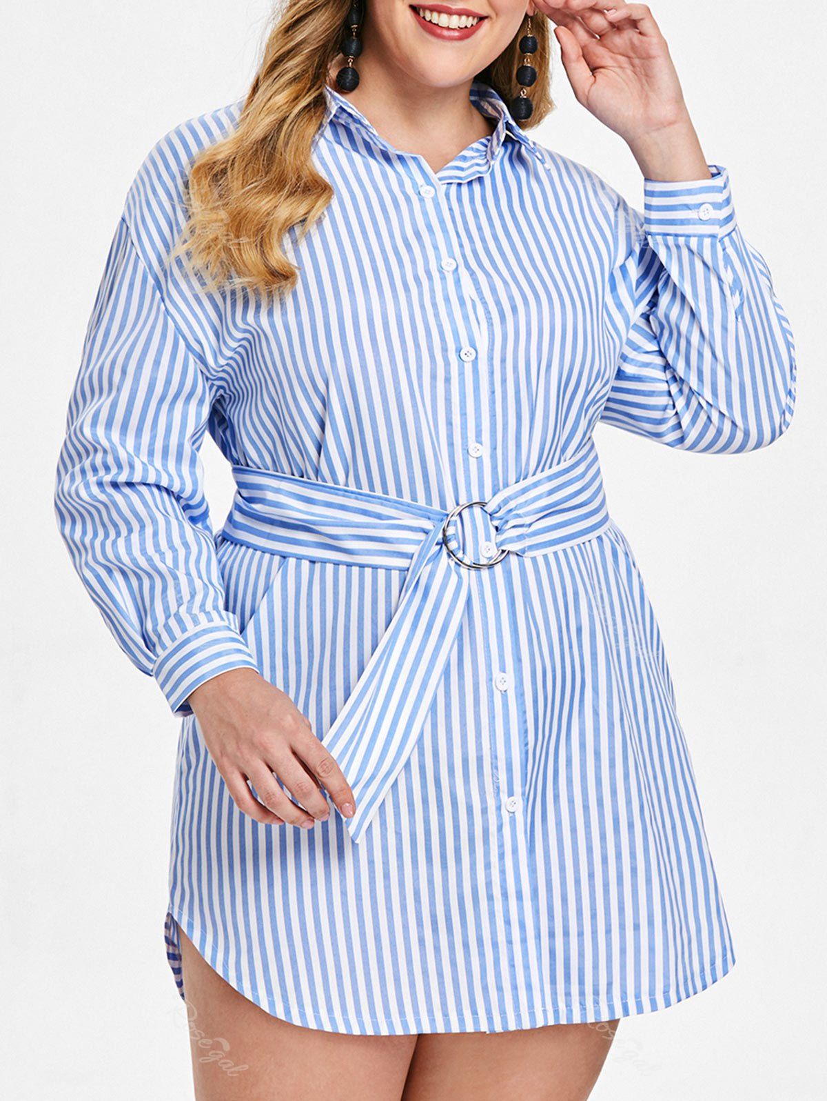 

Plus Size Striped Long Sleeve Button Shirt Dress, Sea blue