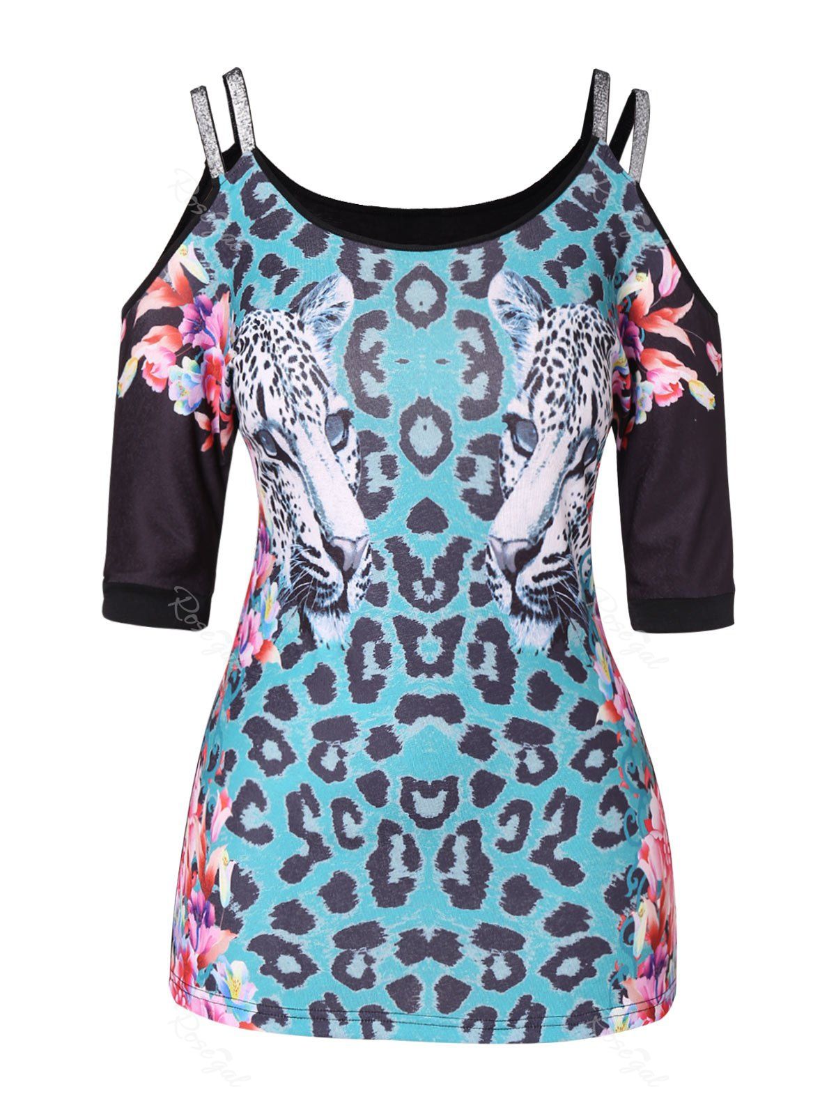 

Leopard Pattern Plus Size Open Shoulder T-shirt, Multi