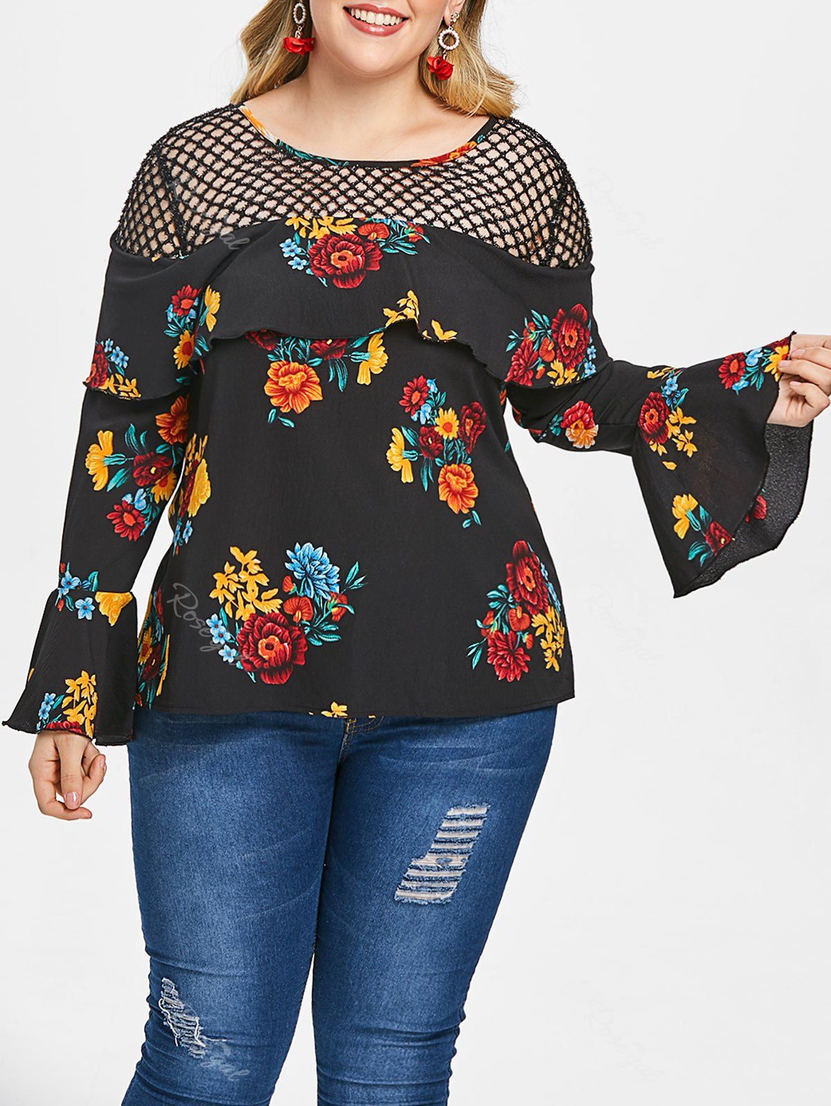 

Plus Size Fishnet Panel Long Sleeves Floral Top, Black