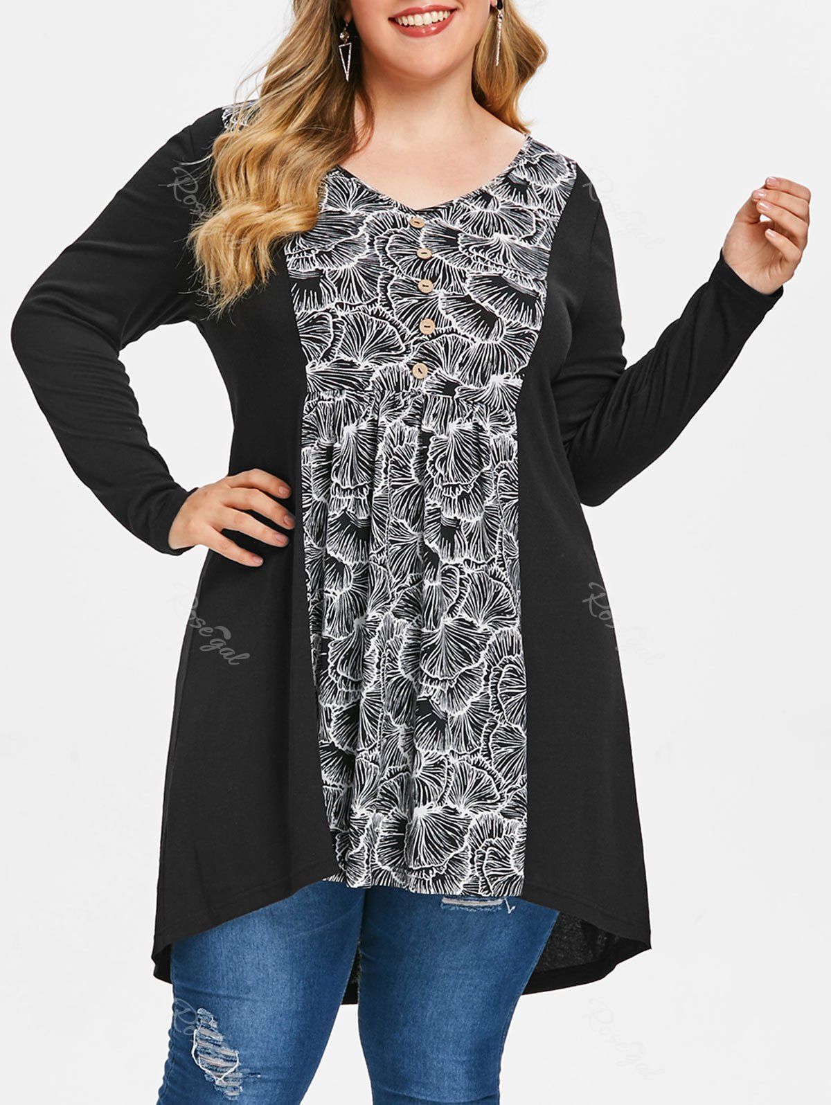 

Plus Size Printed High Low Long Tunic T-shirt, Black