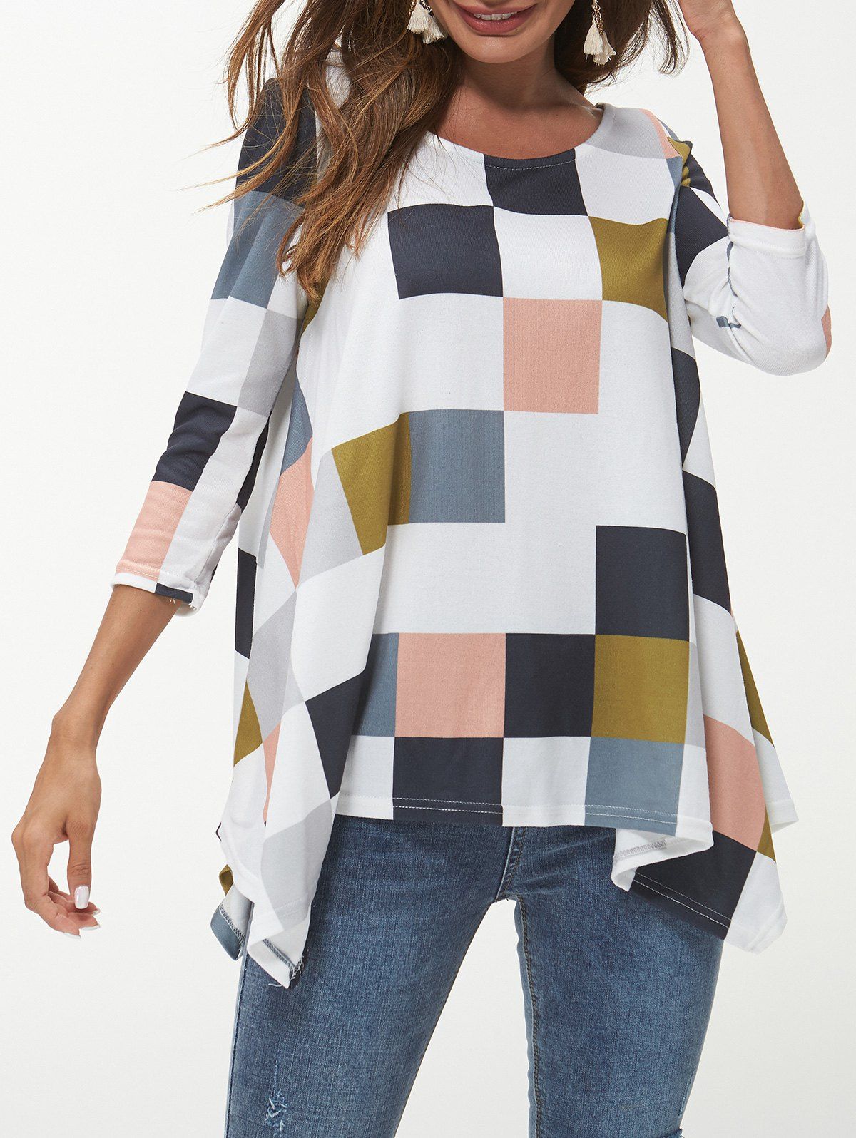

Color Block Plaid Asymmetrical T Shirt, Multi