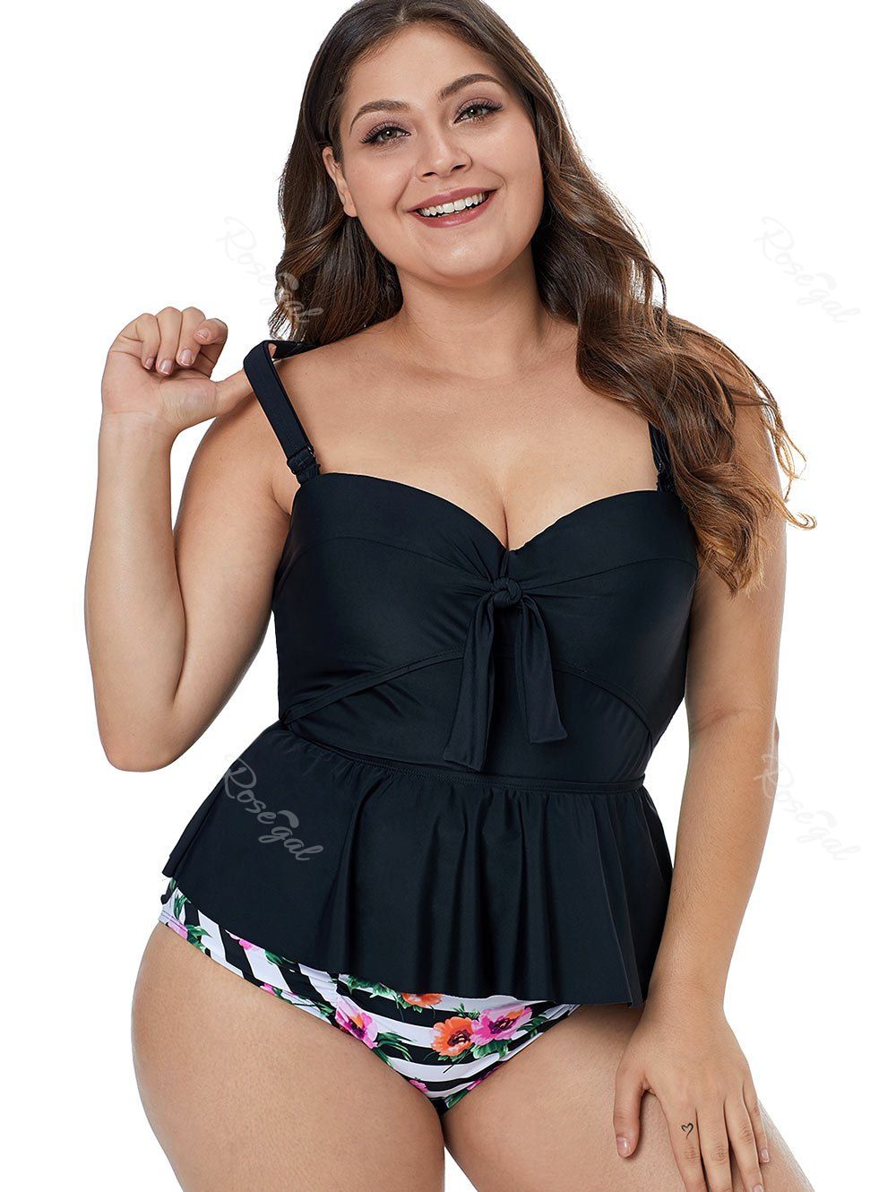 

Plus Size Stripe and Floral Print Tankini Set, Black