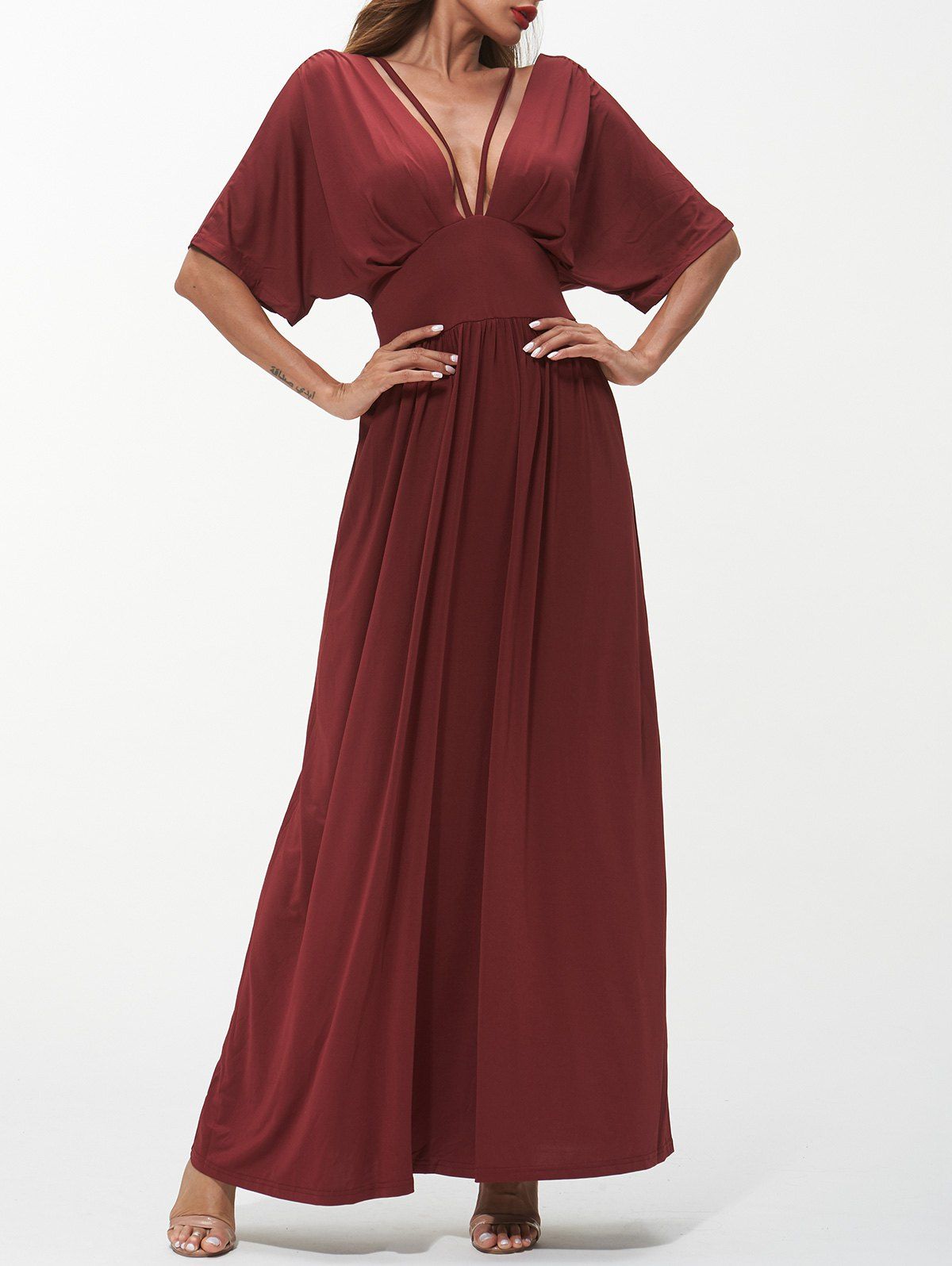 

Plunging Neck Strappy Maxi Dress, Red wine