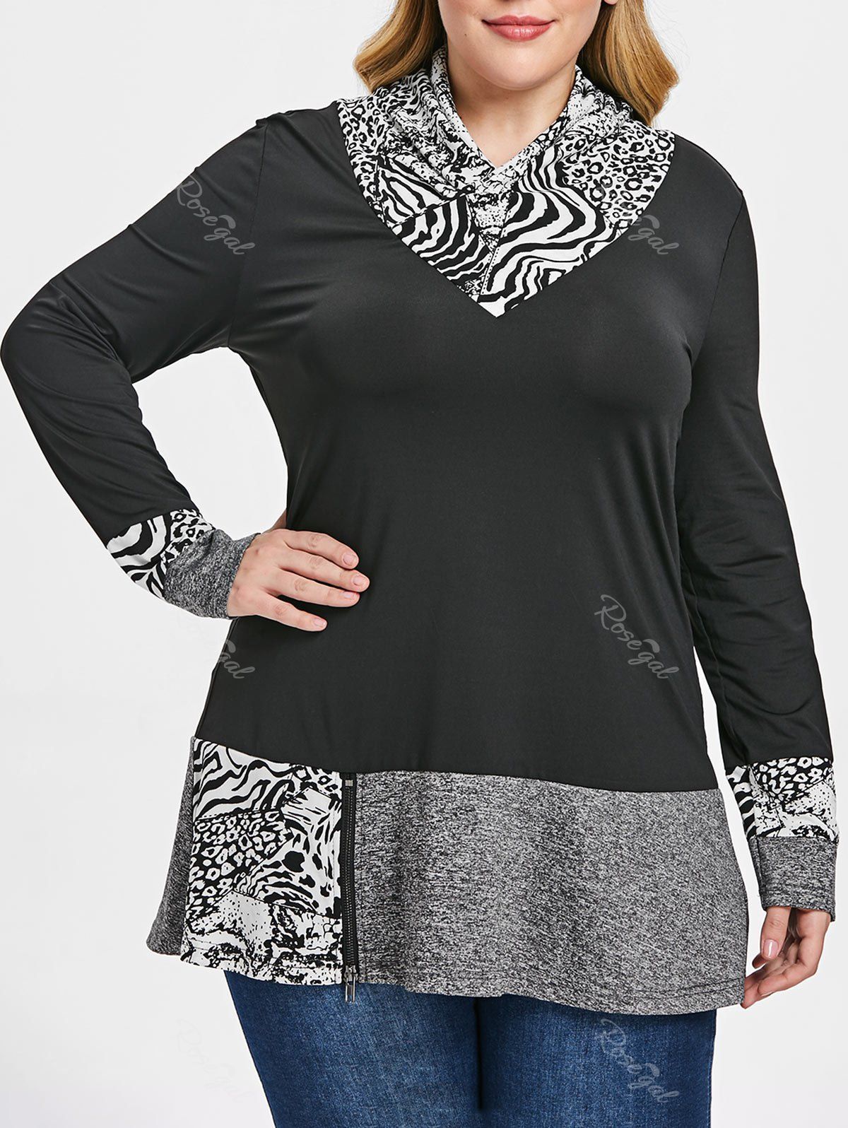 

Shawl Collar Contrast Trim Plus Size T-shirt, Black