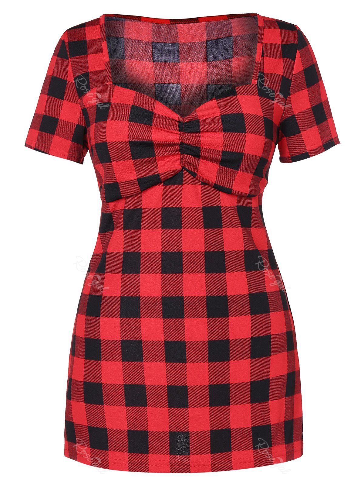 

Plus Size Sweetheart Neck Plaid Ruched T-shirt, Multi