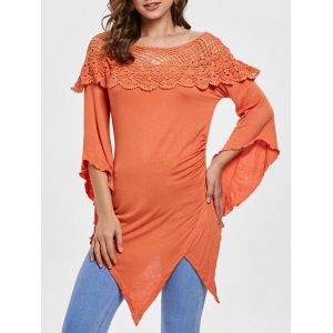 

Openwork Lace Panel Asymmetrical T-shirt, Orange
