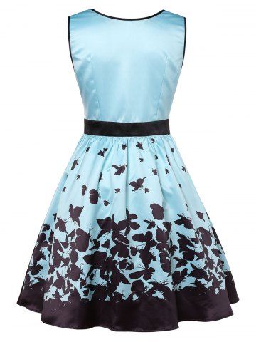 

Plus Size Butterfly Print High Waist Dress, Robin egg blue