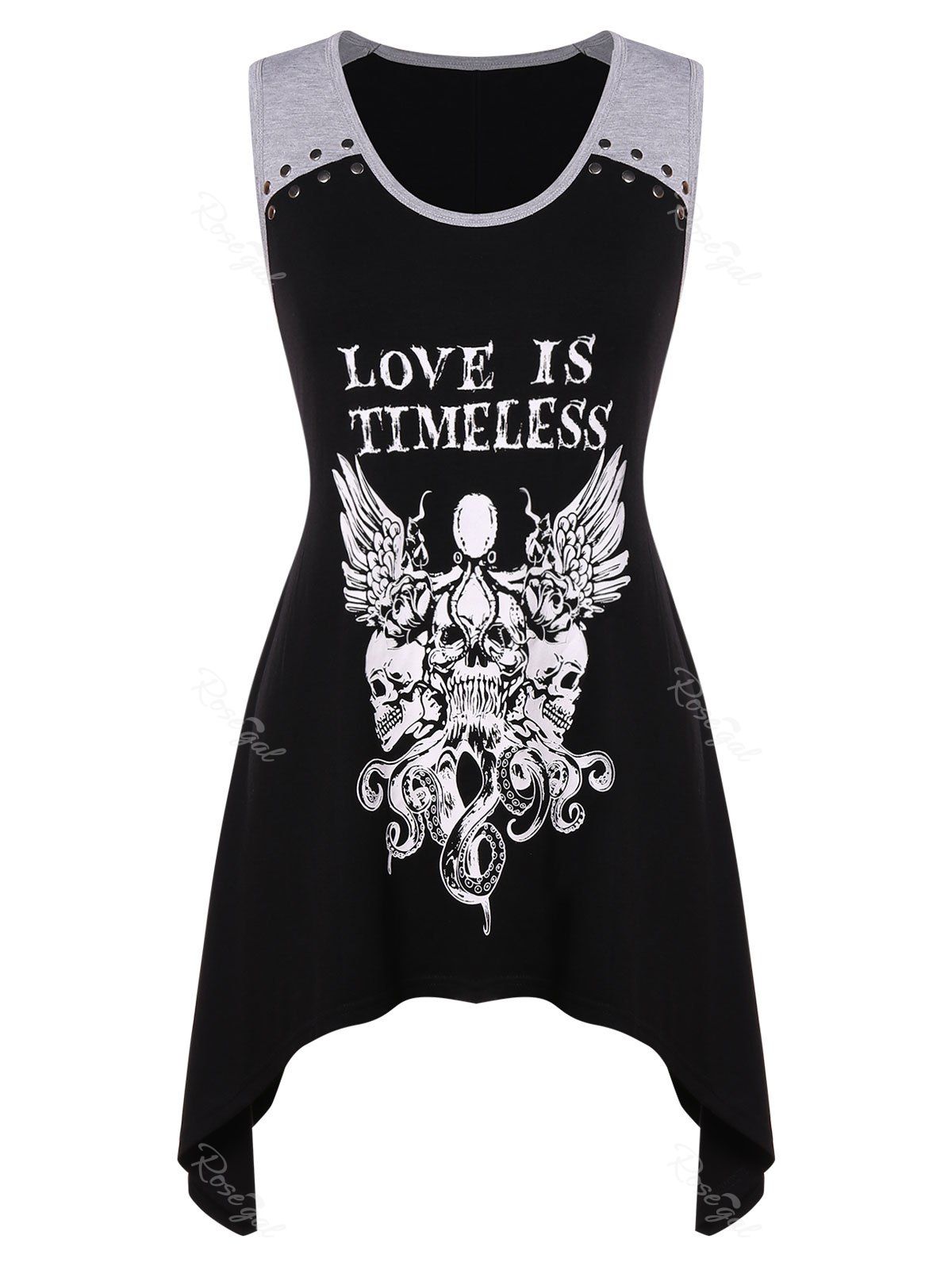 

Letter and Skull Print Plus Size Asymmetrical Tank Top, Black