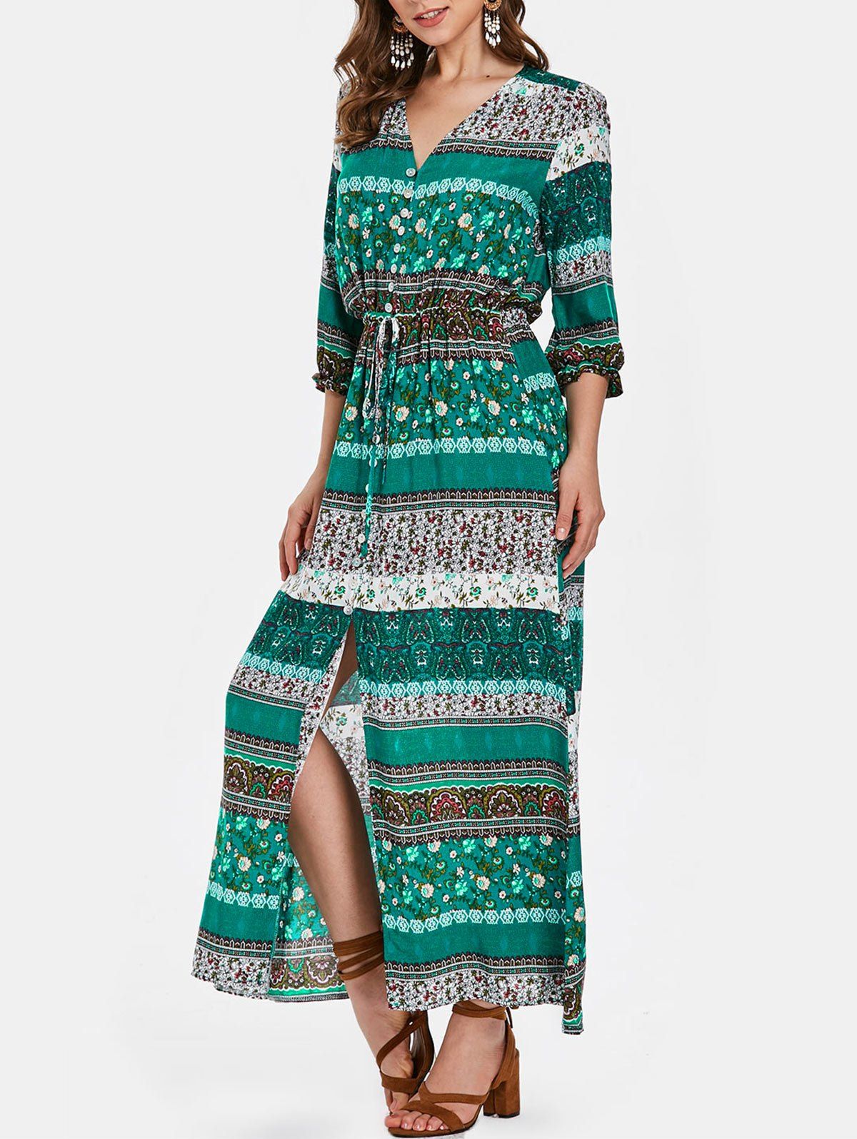 

Boho Print Half Sleeve Button Dress, Multi