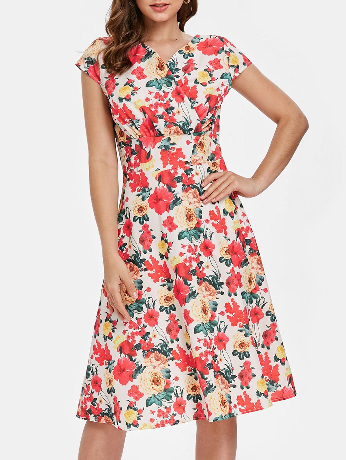 

Cap Sleeve Floral Print High Waist Dress, Multi