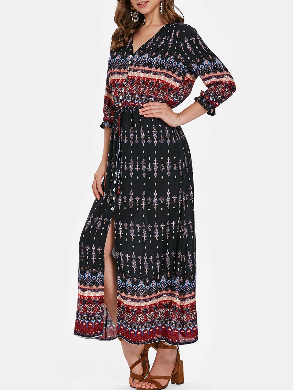 

Bohemian Print Half Sleeve Button Dress, Multi