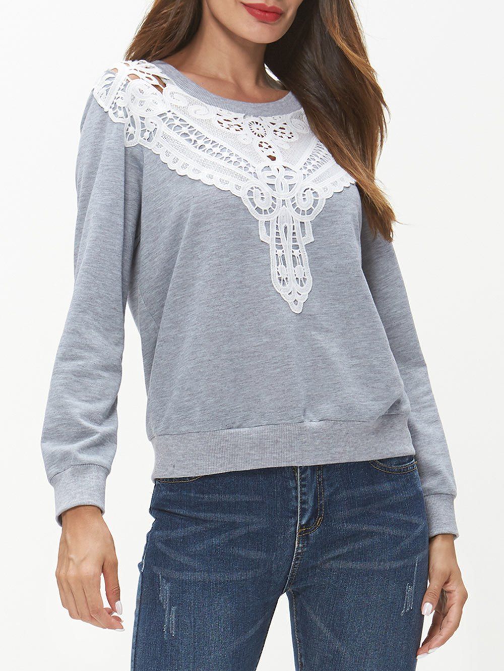 

Lace Panel Long Sleeve Sweatshirt, Light gray