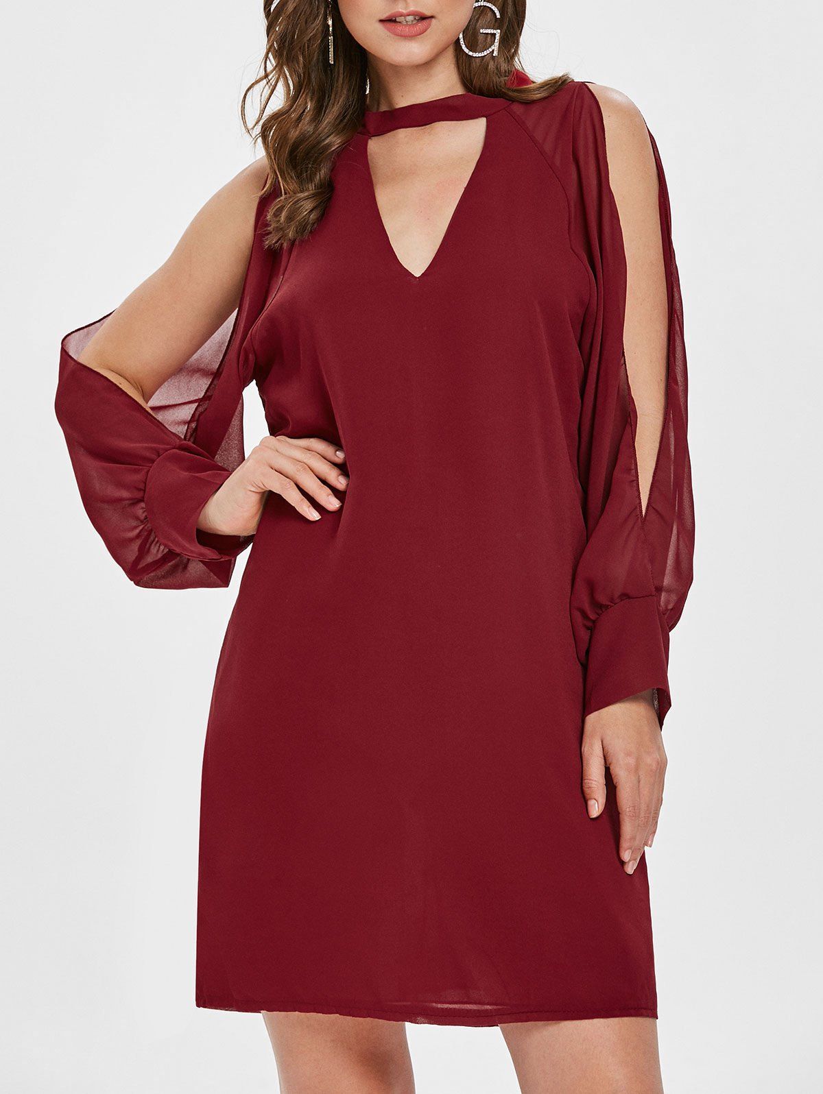 

Keyhole Neck Split Sleeve Mini Dress, Red wine