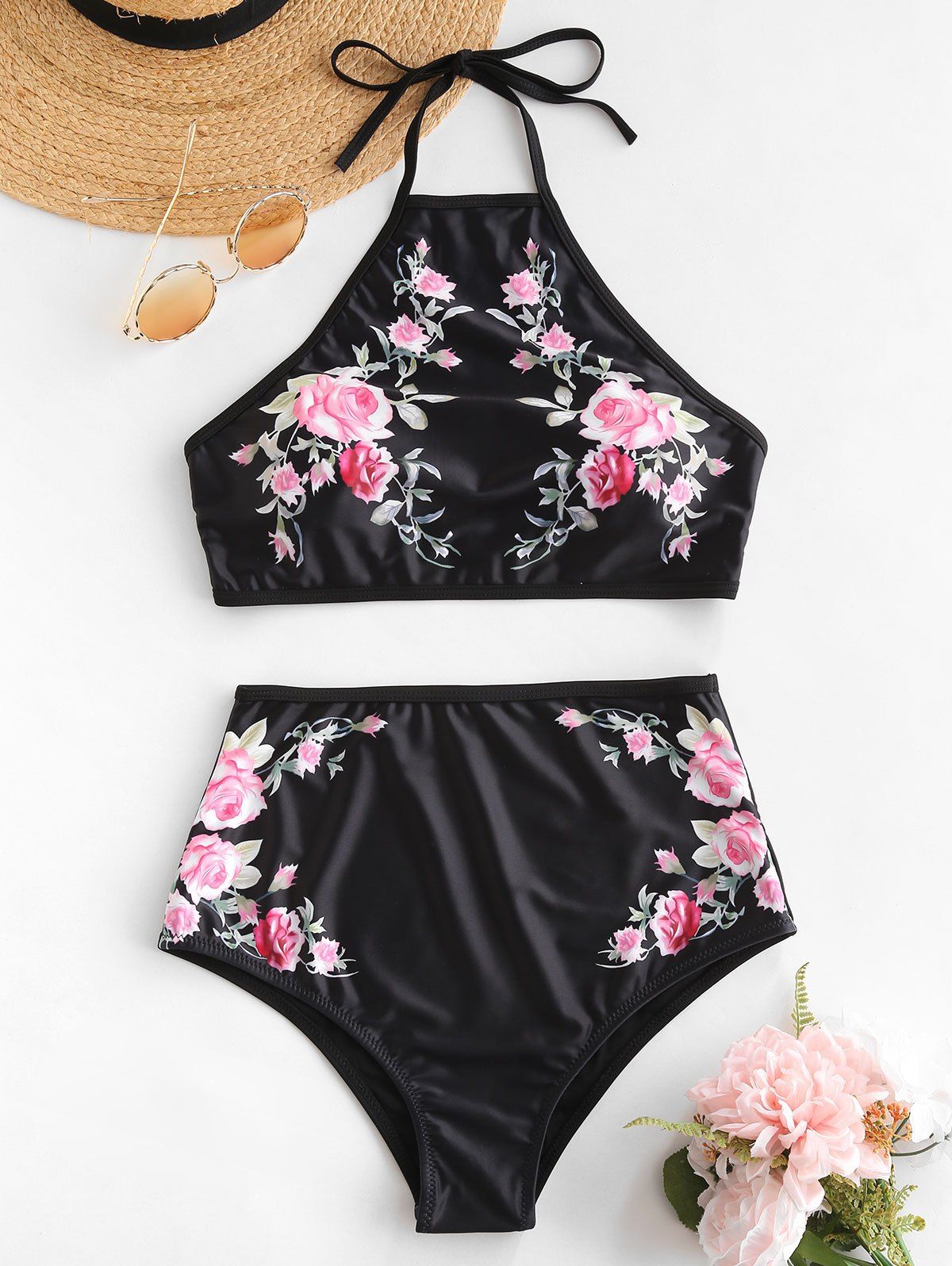 

Halter Floral High Rise Bikini Set, Black