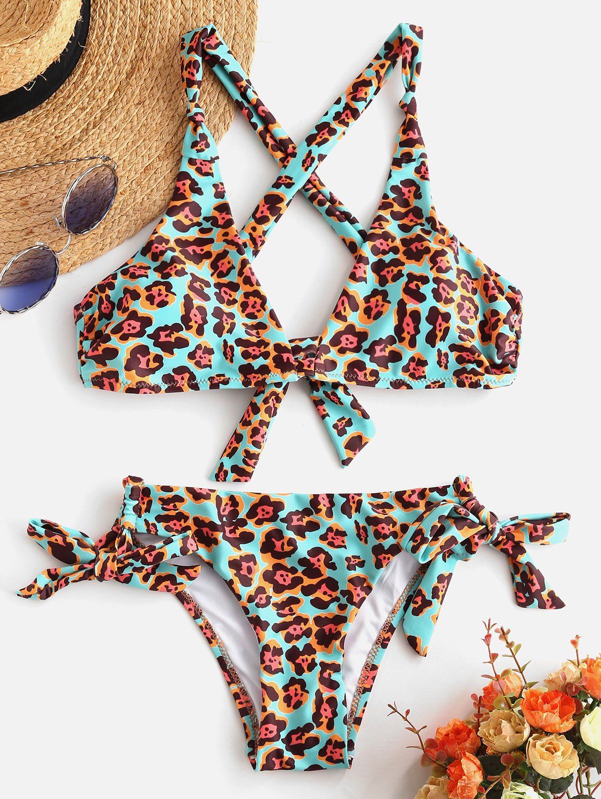 

Floral Print Self Tie Criss Cross Bikini Set, Multi