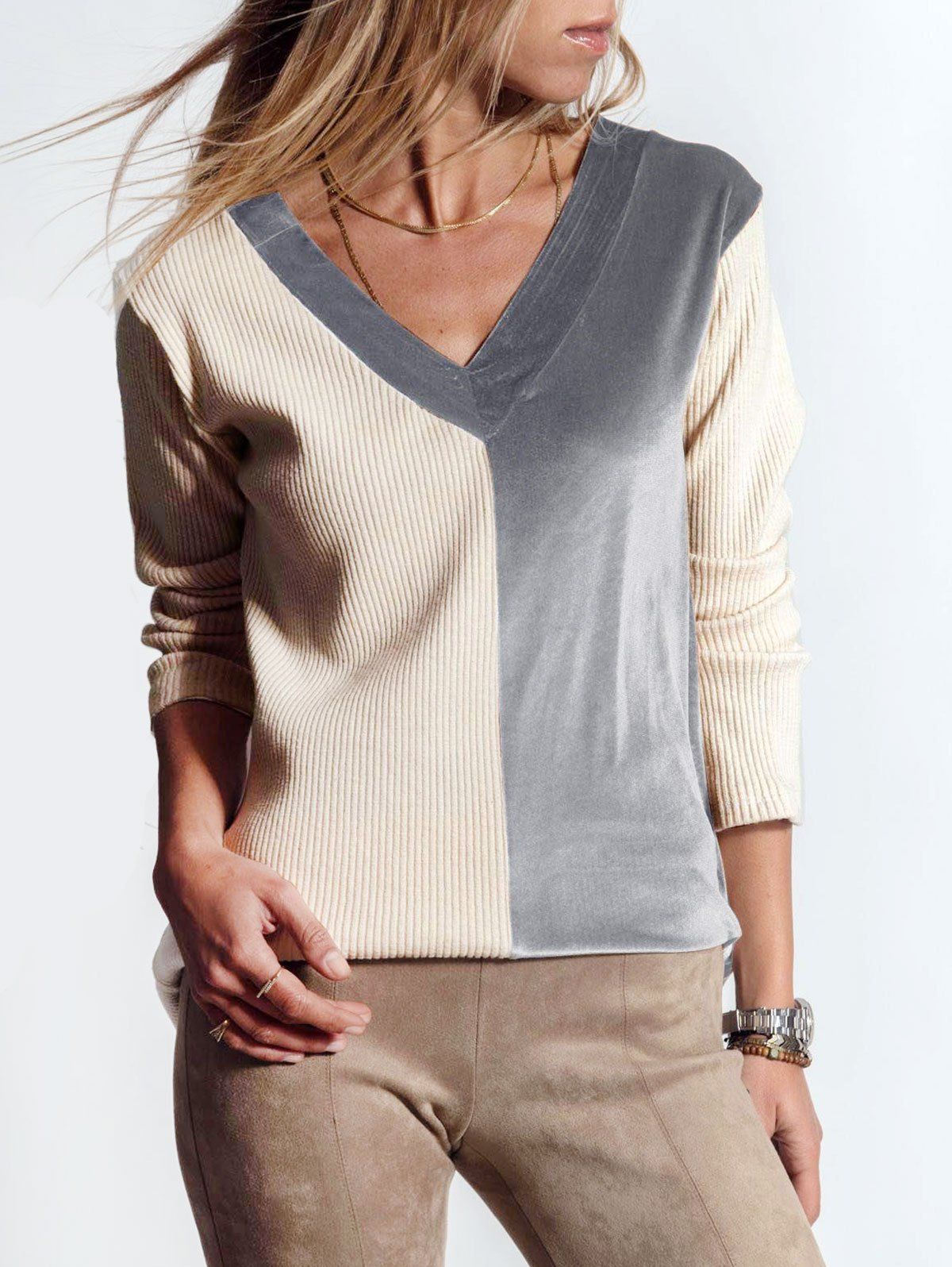 

Velvet Panel V Neck T Shirt, Gray