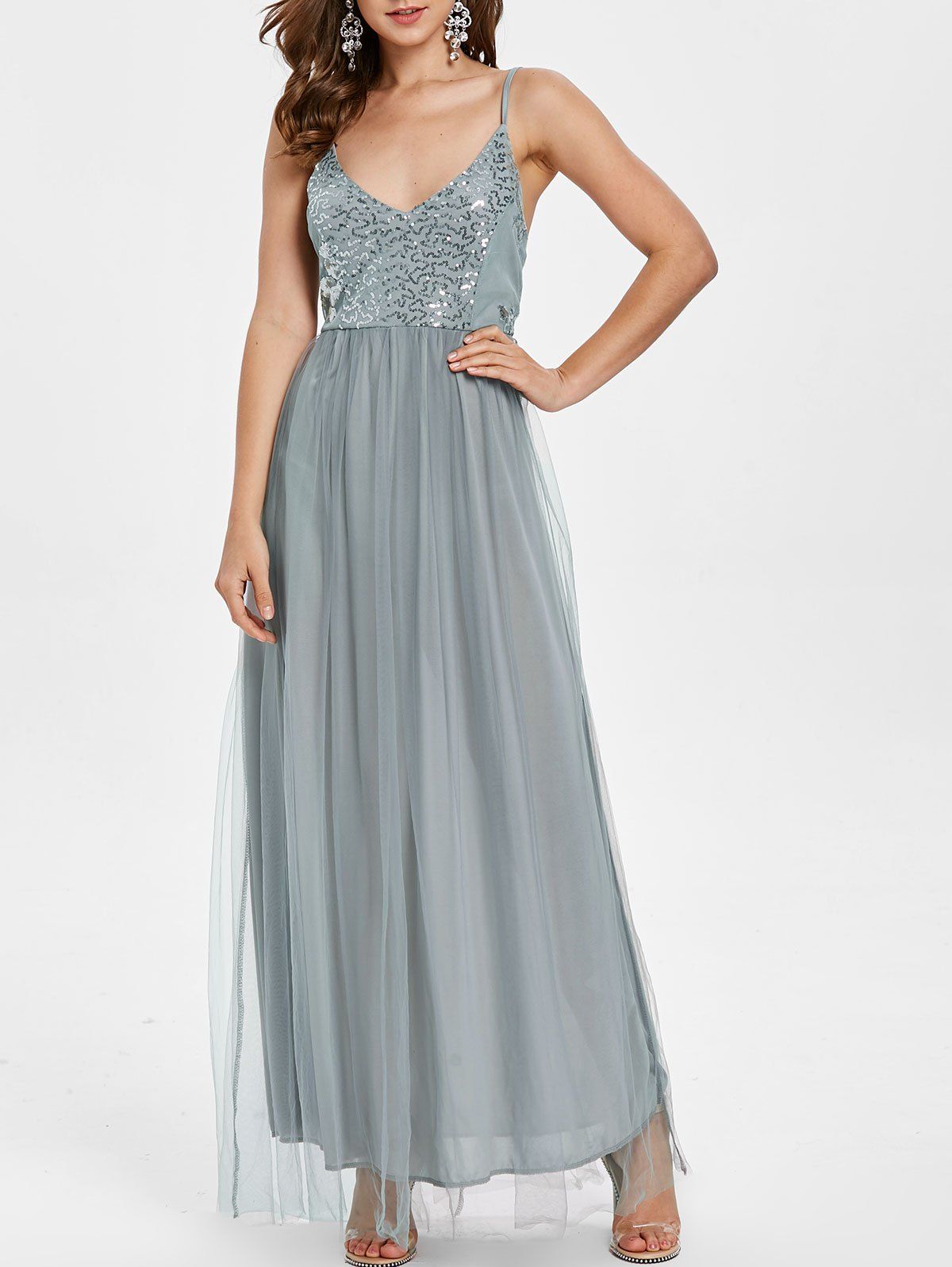 

Spaghetti Strap Sequins Mesh Insert Maxi Dress, Baby blue
