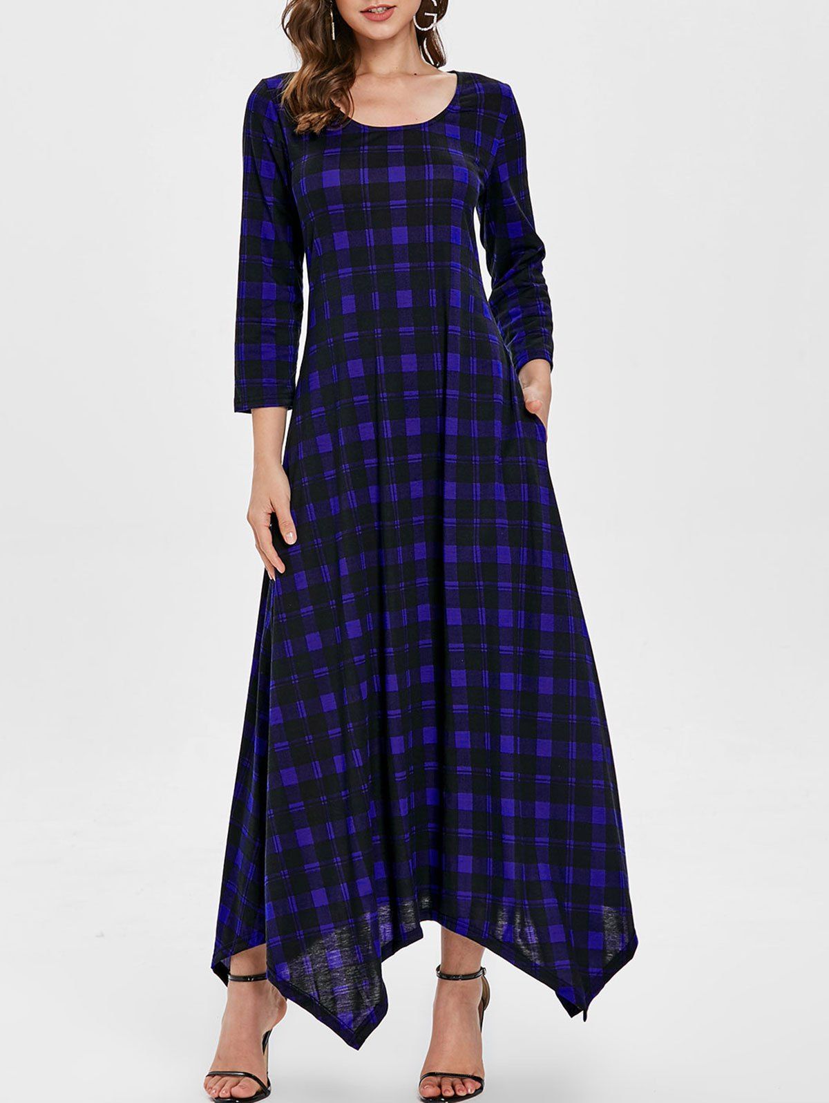 

Scoop Neck Handkerchief Plaid Long Dress, Navy blue