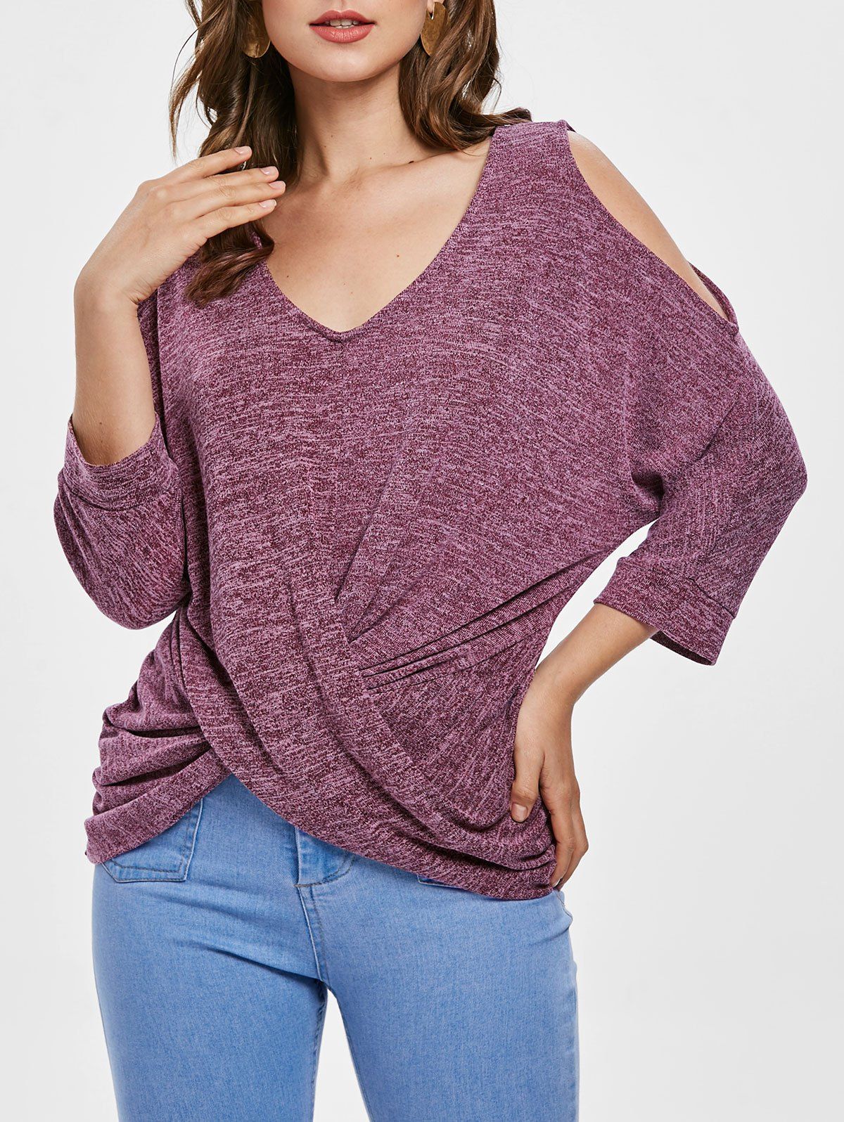 

Front Knot Cold Shoulder Knitwear, Rose red
