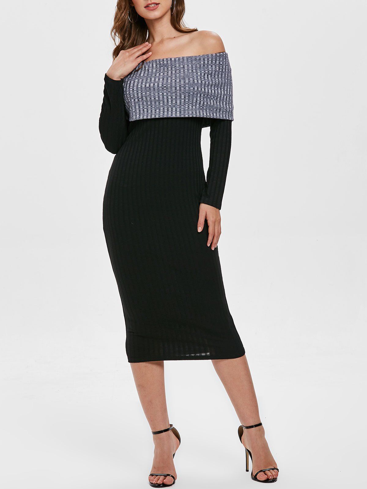 

Contrast Knitted Off Shoulder Bodycon Dress, Black