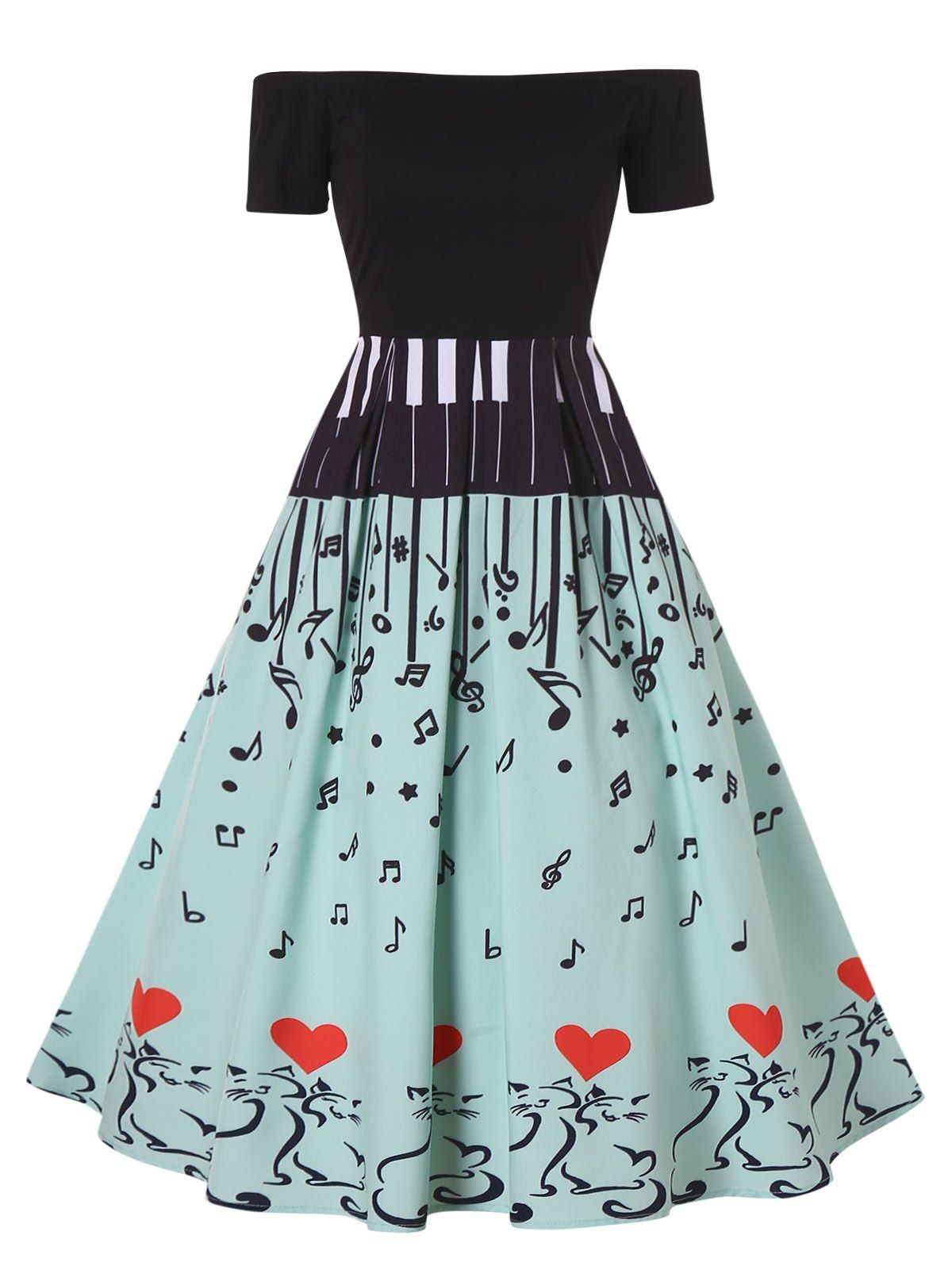 

Music Note Printed High Waist Dress, Cyan opaque