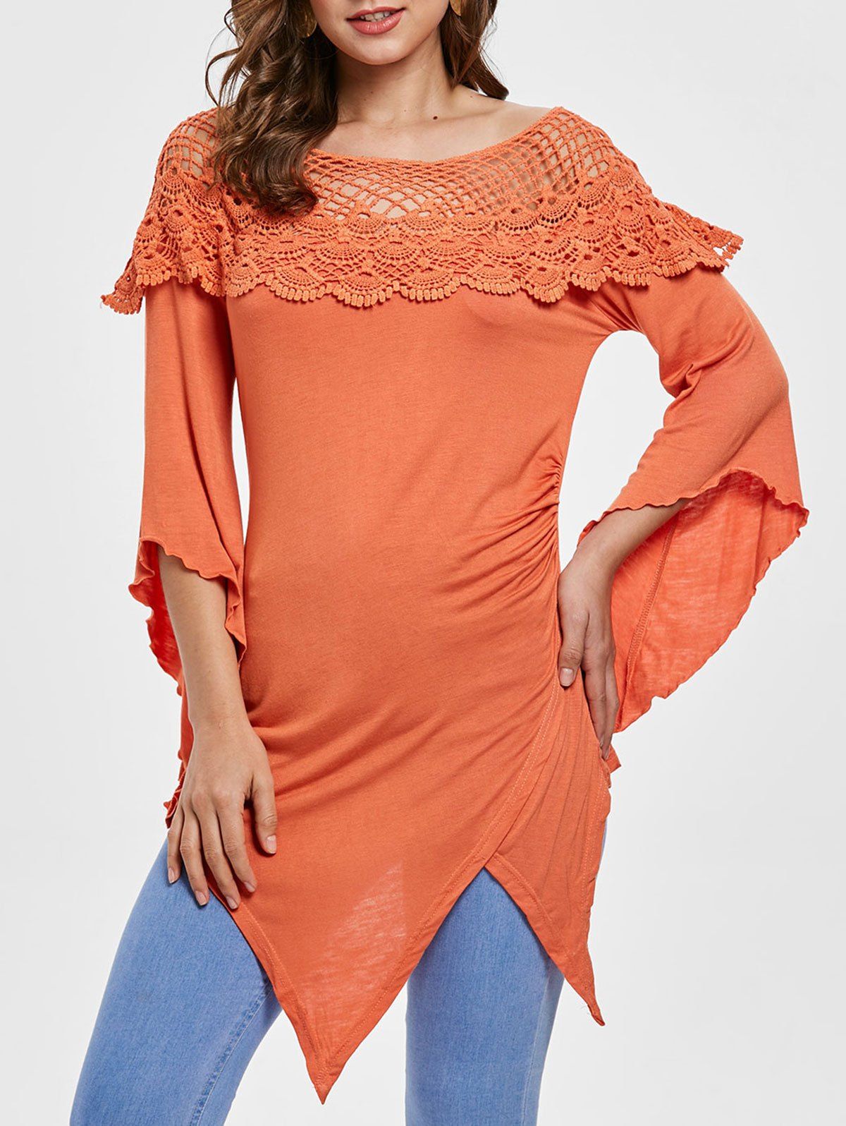 

Openwork Lace Panel Asymmetrical T-shirt, Orange