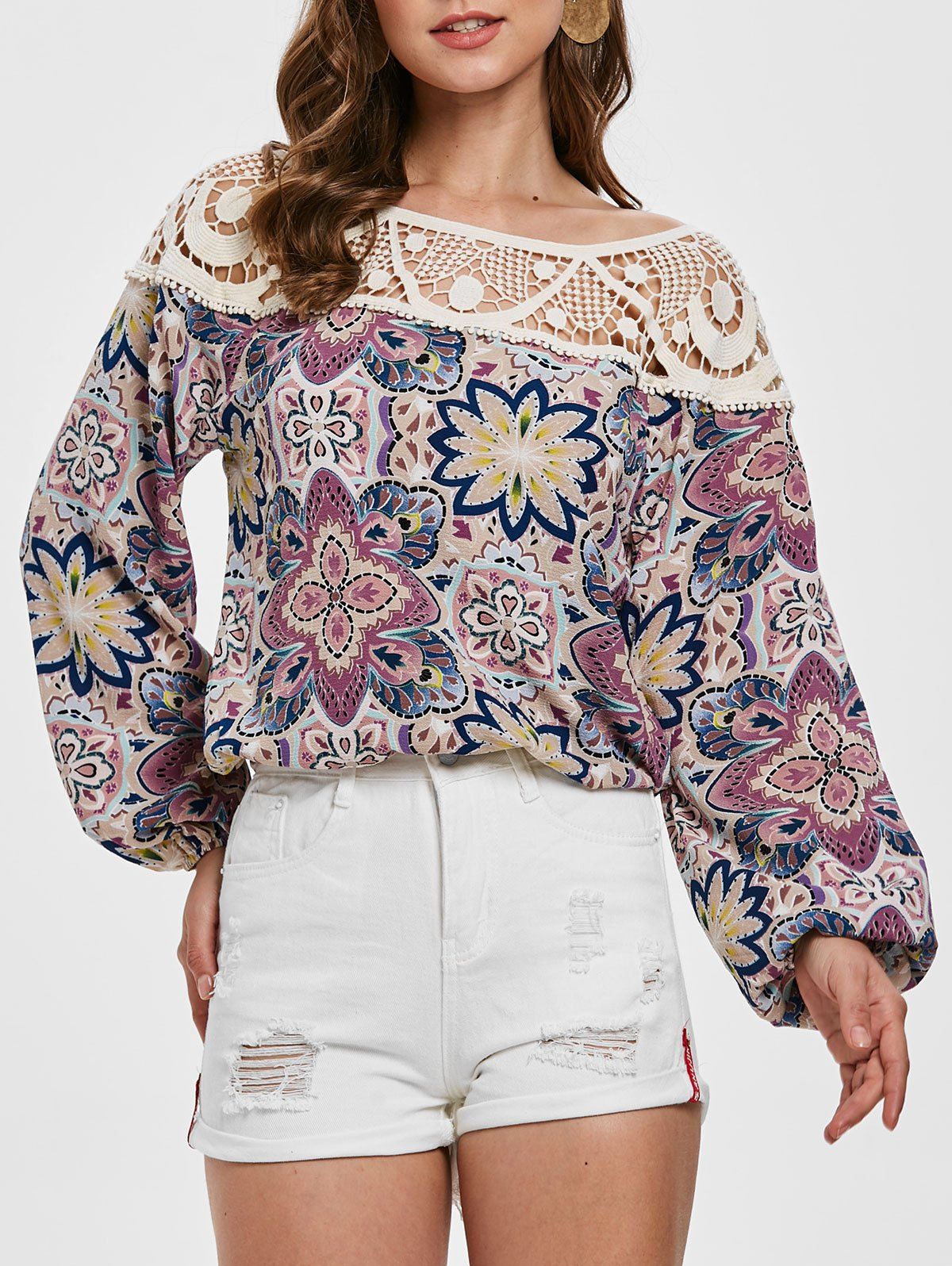 

Floral Print Crochet Insert Full Sleeve Blouse, Multi