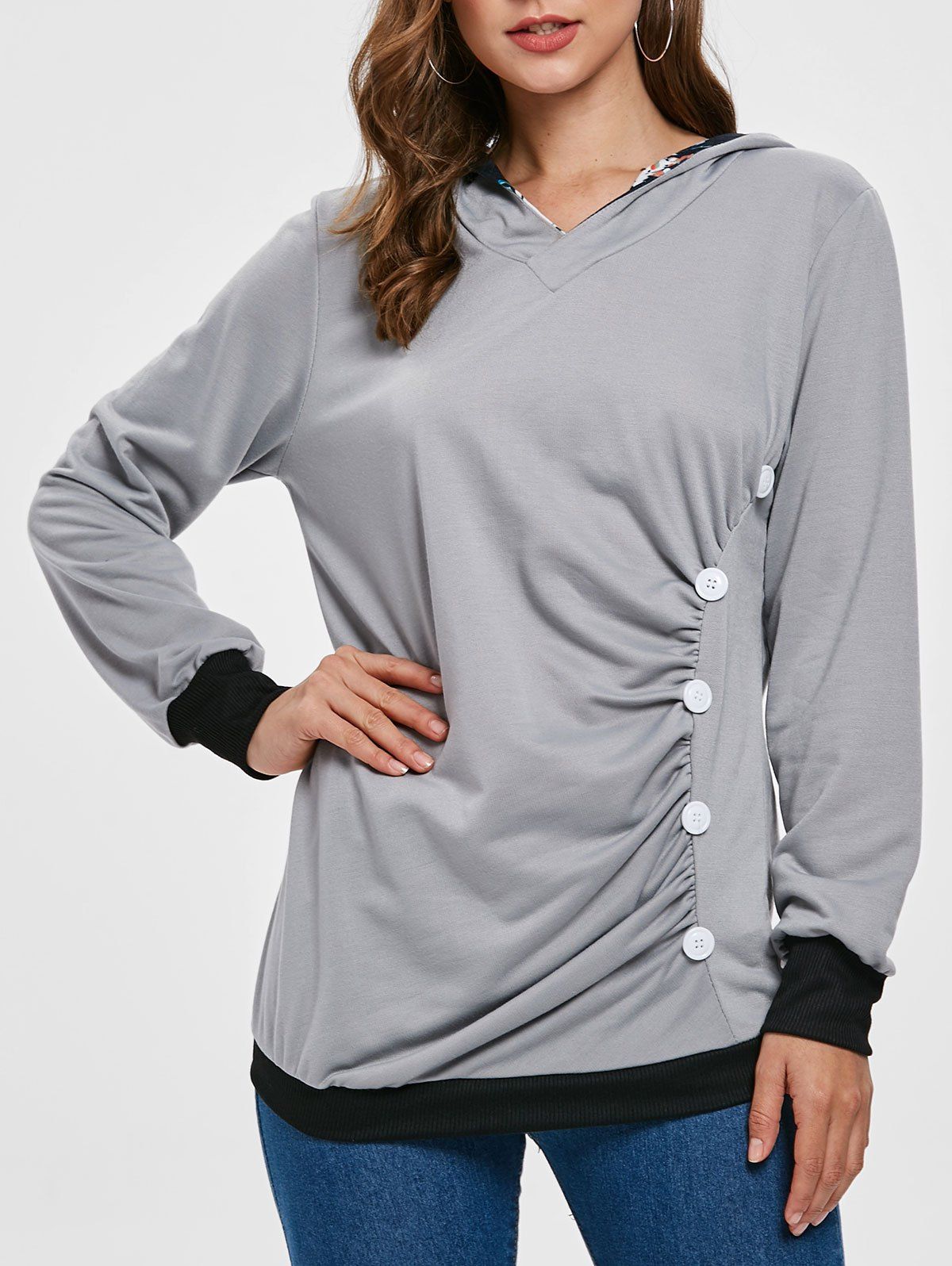 

Long Sleeve Ruched Button Hoodie, Gray cloud
